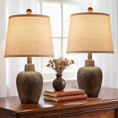 21" Table Lamps for Bedroom Set of 2 Small Farmhouse Bedside Lamps for Living Room Rustic Cottage Jar-Shaped Lamp for Nightstand Retro Brown Finish,Bulbs Not Included ﻿ - color: Brown