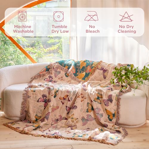Boho Butterfly Throw Blanket 60"x80" Twin Size Bed Blanket,100% Cotton Reversible Soft Breathable Lightweight Spring Decorative Blankets with Tassels for Couch Sofa Decor All Season - color: Butterfly-white, size: 60''x80''