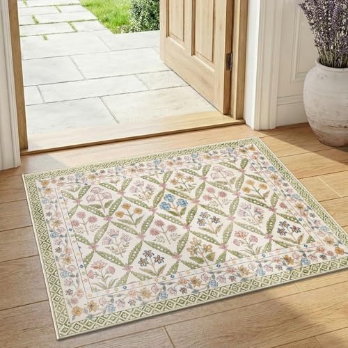 jinchan Haden Entryway Rug 2x3 Vintage Floral Washable Rug for Entrance Soft Non-Slip Low Pile Door Mat for Doorway Kitchen Bathroom Small Carpet Cottage Indoor Decor Sage Green - color: Sage Green, size: 2' x 3' (Rectangular)