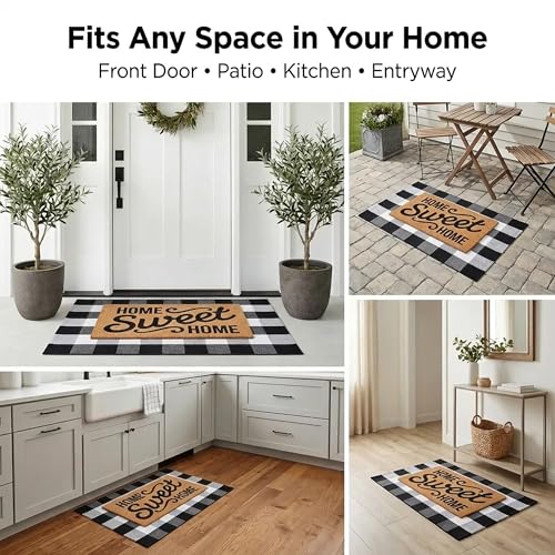Home Sweet Home Doormat Set, 2-Piece Layered Front Porch Mat Combo, Natural Coir Welcome Mat with Black and White Buffalo Plaid Rug, Farmhouse Outdoor Entryway Decor for Porch, Patio, Home