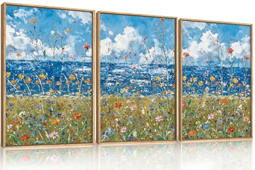 BICERE Large Blue Seaside Wildflower Framed Canvas Wall Art,Modern Nature Ocean Wall Decor,Rustic Sky Printing,White Cloud Landscape Artwork for Living Room,Bedroom,Dining Room-24"x36"x3 - color: Seaside Flowers Wall Art, size: 36"L x 24"W