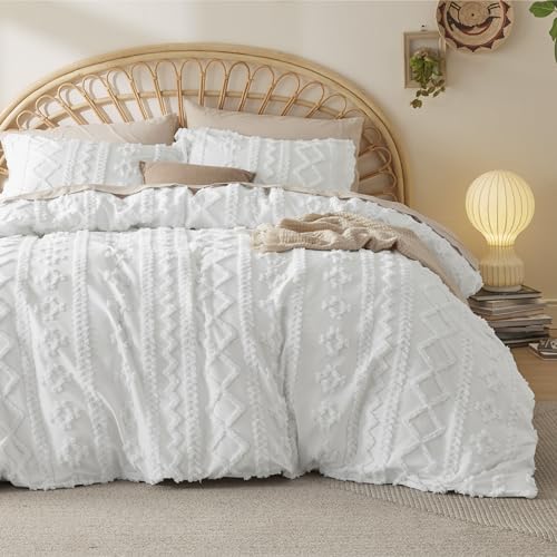 Bedsure Boho Duvet Cover King Size, Soft & Comfortable Elegant Design Boho Bedding for Decoration, Machine Washable Comforter Cover for All Seasons,Includes 1 Duvet Cover & 2 Pillow Shams,White - color: 04 - White - Elegant (No Comforter), size: King (104