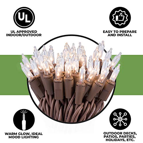 612 Vermont 100 Clear Mini Christmas String Lights on Brown Wire Cord, UL Approved for Indoor/Outdoor Use, 18 Foot of Lighted Length, 20 Foot of Total Length - size: 100 Light