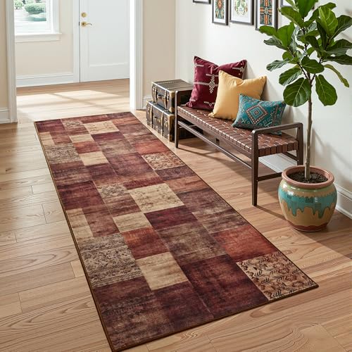 Tepook Modern Runner Rug for Living Room, 2x6 Washable Rugs for Bedroom Hallway, Geometric Patchwork Runner Rug Non-Slip Indoor Throw Carpet for Entryway Kitchen Office Home Decor, Red - color: Red, size: 2 X 6 Feet