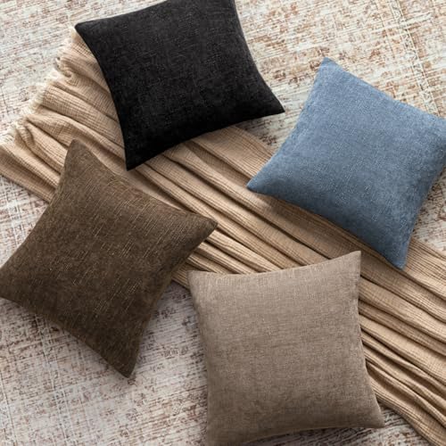 Set of 2 Textured Throw Pillow Covers Decorative Soft Accent Square Chenille Pillowcases Neutral Farmhouse Cushions Modern Home Decor for Couch Sofa Bedroom Living Room 18x18 Inch,Black - color: Black, size: 18" x 18" (Pack of 2)