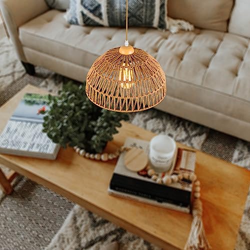 Boho Pendant Light Fixture Kitchen Chandelier Rattan Hanging Light Flush Mount Ceiling Light Boho Lamp Shade Wooden Base Bohemian Chandeliers for Hallway Bedroom Chandelier Dinning Light Fixture - color: Brown-Pendant light