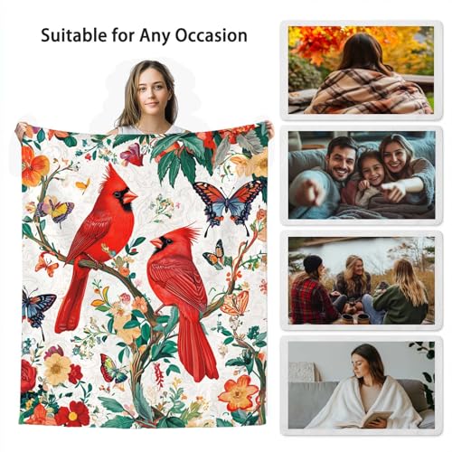 Cardinal Throw Blanket 40x50 Inches | Red Bird Floral Butterfly Fleece Blanket for Couch Sofa Bed | Botanical Farmhouse Decorative Throw Cozy Gift for Women Mom - color: Red Bird