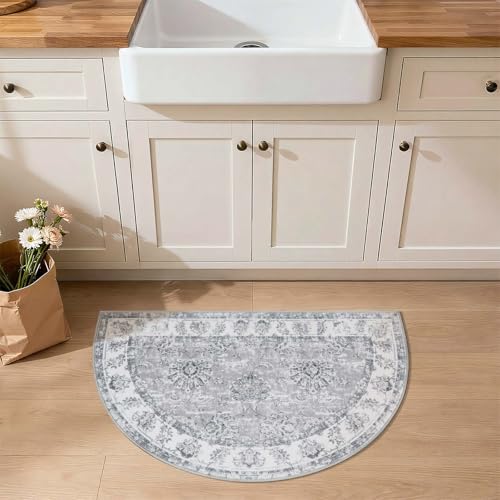 jinchan Fiora Washable Small Area Rug, 2x3 Half Circle Floral Entryway Rug, Low Pile Half Moon Doormat Soft Non Slip Dirt Trapping Carpet for High Traffic Kitchen Bathroom Vanity, Distressed Grey - color: Distressed Grey, size: 1'9" x 3' (Semicircular)