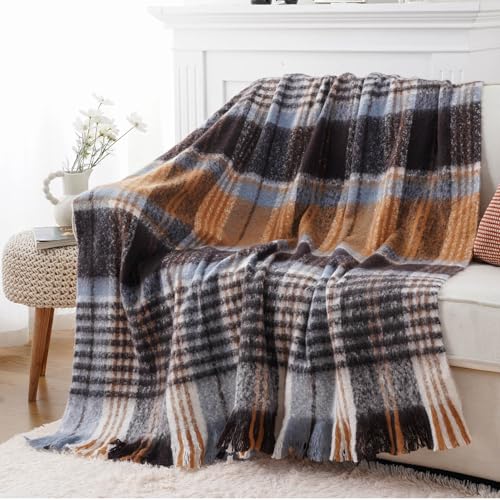 Battilo Plaid Throw Blanket for Couch Bed, Soft Mohair Tartan Plaid Blanket, Farmhouse Style Checkered Pattern, Bluish Grey Throw Blankets for Home Decor(50"x60") - color: Bluish Grey