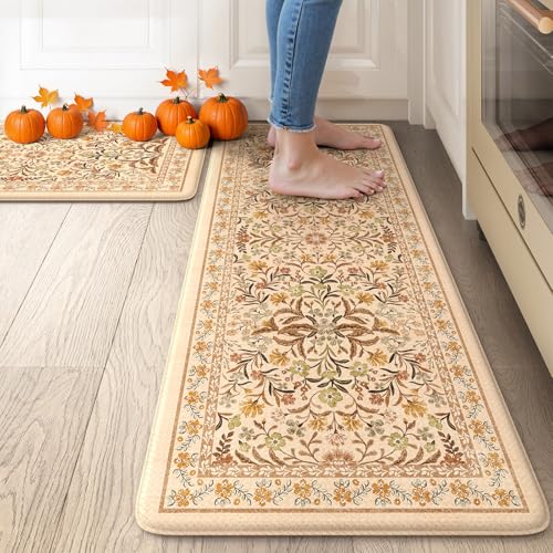 Collive Kitchen Mats for Floor, Cushioned Anti Fatigue Mat Fall Orange Floral Kitchen Rugs Non Slip Washable, Comfort Standing Rug for Sink Laundry, Office, Desk, Fall Decor, 17"x29"+17"x47" - color: Orange, size: 17.3"x47"+17.3"x29"