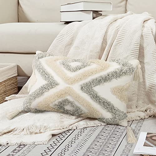 Merrycolor White Grey Boho Pillow Covers 12x20 with Tassels Tufted Decorative Gray Throw Pillows Neutral Modern Accent Pillowcase Farmhouse Square Cushion Covers for Couch Sofa Bedroom Living Room - color: Grey and White 1, size: 20" x 12" (Pack of 1)