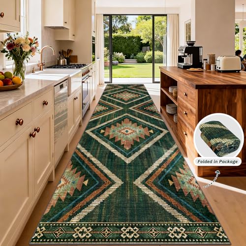 Boho Runner Rugs for Hallway 3x14Ft Non Slip, Long Wide Green Moroccan Washable Kitchen Rug Runner, Soft Geometric Entryway Floor Carpets for Entrance Doorway Home Office Decor - color: Green, size: 3' x 14' (Rectangular)