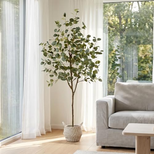 Warmplants Artificial Eucalyptus Tree, 6ft Tall Fake Eucalyptus Plant with Basket, Green Silver Dollars Silk Leaves Faux Tree for Home Office Livingroom Floor Decor Indoor - size: 6ft