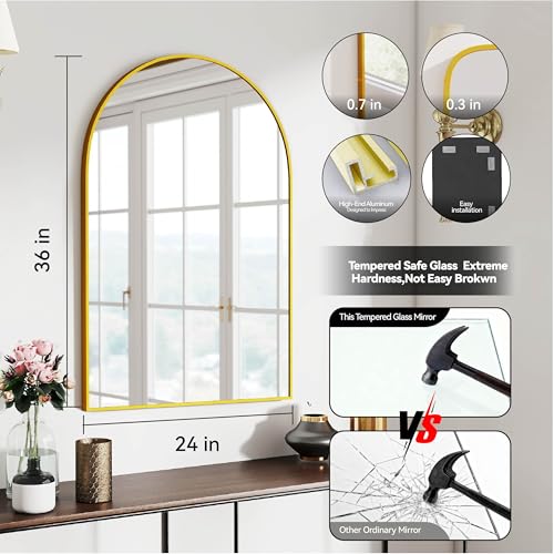 SCWF-GZ 24x36 Arch Mirror Rectangle Full Length Wall Mounted Hanging or Against Wall Metal Aluminum Alloy Frame Dressing Make-up Mirrors for Entryway Bedroom Bathroom Living Room 24 36 inch Gold - color: Gold, size: 36"L x 24"W