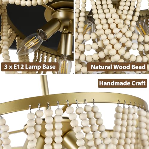 Bohemia Wood Beaded Chandelier, 3-Light Boho Light Fixture, 12.6inch Boho Chandelier Light Fixtures for Dining Room, Bedroom, Living Room, Nursery, Girl Room, Hallway and Entryway, Adjustable Chain - color: Oak-12.6INCH