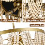Bohemia Wood Beaded Chandelier, 3-Light Boho Light Fixture, 12.6inch Boho Chandelier Light Fixtures for Dining Room, Bedroom, Living Room, Nursery, Girl Room, Hallway and Entryway, Adjustable Chain - color: Oak-12.6INCH