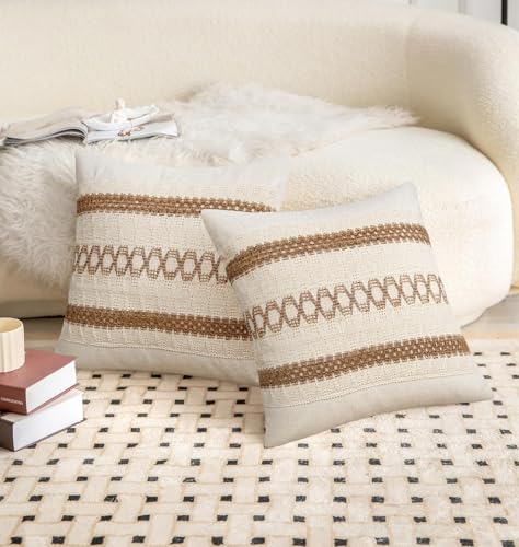 Pyonic Pack of 2 Boho Throw Pillow Covers 18x18 Inch Farmhouse Decorative Throw Pillows for Bed Sofa Living Room,Gray Modern Cushion Cover Couch Pillows Cover Home Decor - color: Beige+white