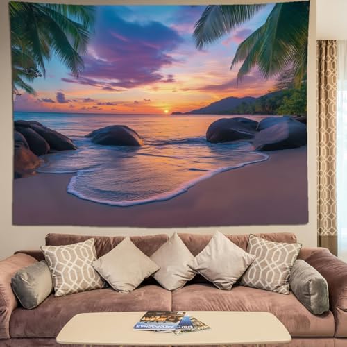 keowhsf Beach Sunset Ocean Tapestry – Tropical Palm Trees Wall Decor with Warm Orange Sky, Summer Seaside Landscape Wall Hanging for Bedroom Living Room Dorm - color: SunsetBeach, size: 80"L x 60"W