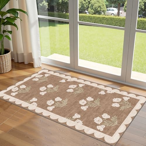 Front Door Mat Indoor Entrance - 2x4.3 Ft Floral Washable Layered Doormat Outdoor Entrance Porch Rug Non-Slip Tan Boho Farmhouse Runner Rug for Kitchen Hallway Bedroom Laundry Room Porch Decor - color: Flower - Brown, size: 2' x 4'3" (Rectangular)