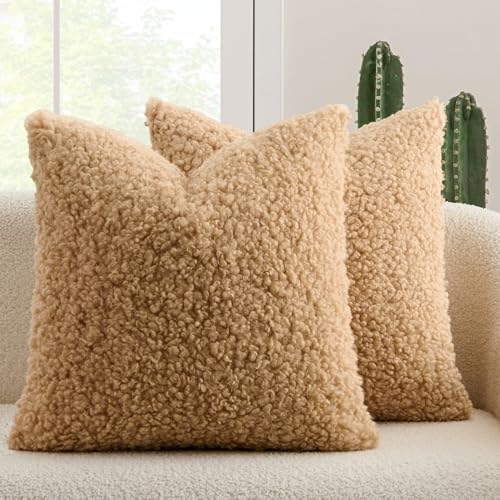 MIULEE Pack of 2 Throw Pillow Covers 18x18 Inch Neutral Camel Faux Fur Decorative Sherpa Pillow Covers Fuzzy Accent Soft Sheepskin Fleece Cushion Cases for Boho Home Decor Couch Living Room Bed - color: Camel, size: 18" x 18" (Pack of 2)