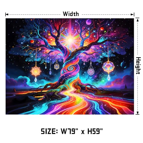 AOHMPT Blacklight Tree of Life Tapestry Trippy Fluorescent Wall Hanging Psychedelic Rainbow Galaxy Glow in the Dark Crystal Starry Night Tapestries for Bedroom Decor, 79x59 In - color: Tree(4), size: 79"L x 59"W