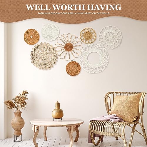 Boho Wall Basket Decor Set of 8,Rattan Flower Wall Decor,Flat Woven Baskets Wall Hanging Decor,Unique Boho Wicker Seagrass Wall Decor(Rattan Classic) - style: Classic rattan