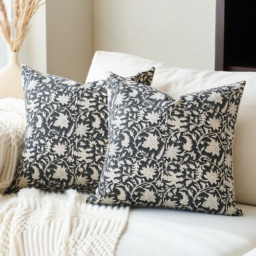 FIOUOVO Floral Throw Pillow Covers 18x18 Farmhouse Block Print Pillow Covers Decorative Pillow Covers Couch Pillows for Living Room Vintage Accent Sofa Pillows Set of 2, Black - color: Black, size: 18" x 18" (Pack of 2)