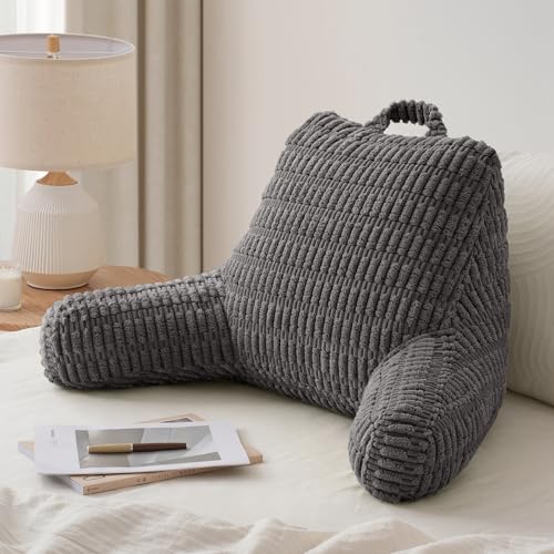 Blissful Diary Reading Pillow, Backrest Pillow with Shredded Memory Foam for Adult & Children, Designed for Bed and Couch Sitting Up, Includes Arms, Pockets and Washable Cover, Dark Gray - color: Textured Dark Gray, size: Standard(18inch)