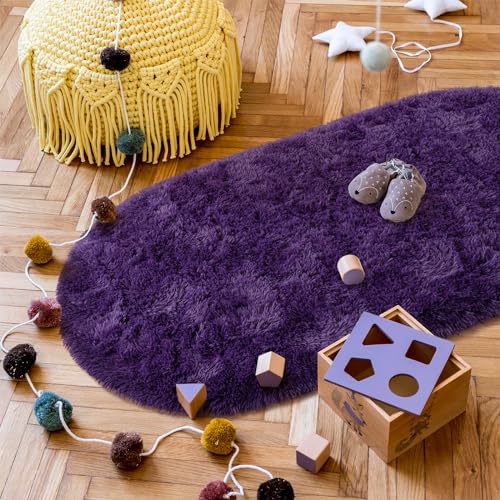 Goideal Fluffy Bedroom Rug, Small Oval Area Rugs, Purple Shag Bedside Carpet for Kids Room Nursery Dorm Cute Fuzzy Indoor Decor for Boy and Girl, 2.6 x 5.3 Feet - color: Grape Purple