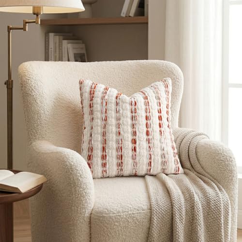 decorUhome Boho Throw Pillow Cover 18x18 inch, Soft Textured Decorative Pillow Cover with Tufted Striped Design for Couch, Sofa, Living Room, Orange