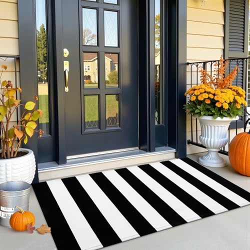 OLANLY Black and White Striped Rug 2' x 4'3" (24" x 51") – Washable Cotton Indoor Outdoor Doormat for Front Door, Entryway, Kitchen, Porch, Patio Decor - color: Black White Vertical Stripe, size: 2' X 4'3" (Rectangular)