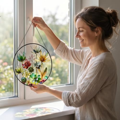 Stained Glass Window Hanging, 9.8'' Succulents Sun Catcher Glass Panel Home Garden Decor with Chain, Green Plants Stained Glass Sunatcher Gift for Nature Lover, Mom, Friends - color: Succulents