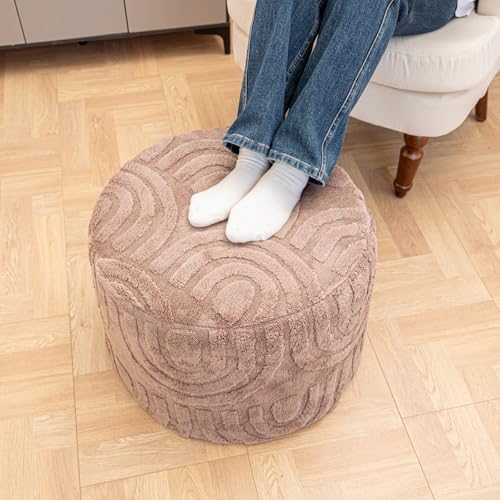 Round Plush Ottoman Pouf Stuffed– Fluffy Ottoman Foot Rest with Modern Foam Filler 20" x 14" Cozy Floor Pouf for Living Room & Bedroom - color: Coffee