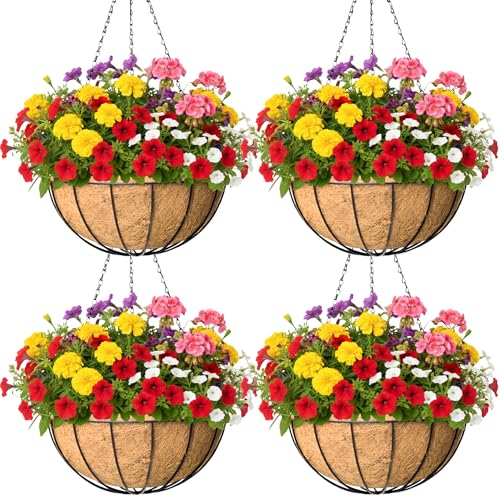4 Pack 12 Inch Hanging Baskets for Plants Outdoor Metal Hanging Planter Basket with Coco Coir Liner Hanging Flower Baskets Hanging Flower Pots Holder for Garden, Patio(Watermelon) - size: 12 Inch, style: Garden