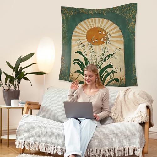 HUGANE Emerald Green Lily of the Valley Boho Sun Tapestry, Mystical Folk Botanical Wall Tapestries, Vintage Boho Sunshine Flower Hanging Wall Decor for Bedroom Living Room Home Office