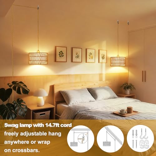 Vinaco Plug in Pendant Light Paper Woven Rattan Hanging Lights, Stepless Dimming Wicker Pendant Light Plug in, High Output Boho Swag Lamps Cord Adjustable for Bedroom Dining Room Corridor Foyer - size: 2 tier HL-10