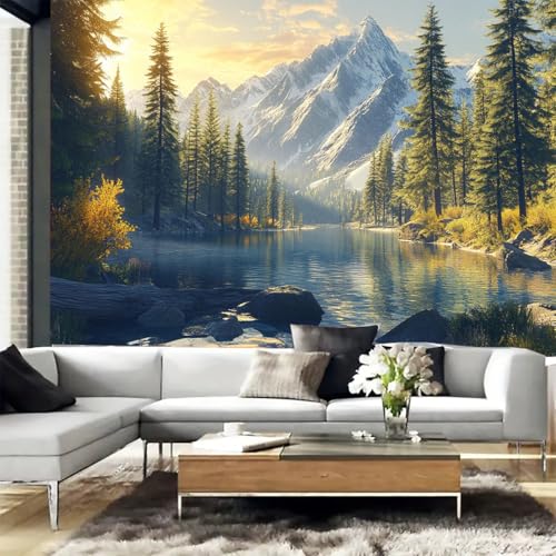 FENDROM Tranquility Lake Snow Mountain Scenery Tapestry Wall Hanging, Nature Forest Plant Trees Pictures Art Wall Tapestries Blanket for Bedroom Living Room Dorm Decor - color: Yellow, size: 90"L x 71"W