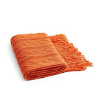 DREAMSUNSET Knit Throw Blanket 50 x 60 Inch, for Couch, Sofa, Bed and Decoration. Super Soft, Comfy and Lightweight. Original Pattern with Tassel Fringes. Sunrise Orange