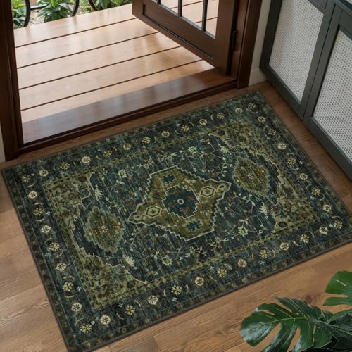 Tangsoo Oriental Small Washable Rugs for Entryway 2x3 Vintage Olive Green Rug Non Slip Small Area Rug, Front Door Boho Print Door Mat Indoor Entrance Soft Low Pile Throw Rug for Entry Kitchen Bedroom - color: Dark Blue/Green, size: 2' X 3' (Rectangular)