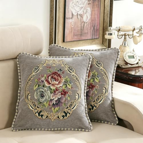 Set of 2 Vintage Floral Throw Pillow Covers 18x18 Inch, Gray Chenille Embroidered Cushion Cases, Decorative Euro Shams for Couch Sofa Bed Farmhouse Home Decor - color: Gray