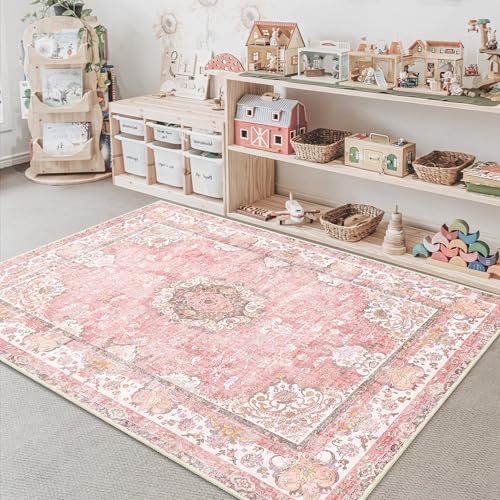 Pink Rug 3'x5',Washable Area Rugs for Bedroom Living Room Kitchen Entryway Bedside,Small Boho Vintage Bohemian Distressed Oriental Non Slip Carpet,Blush Floral Flowers - color: Pink, size: 3'x5'
