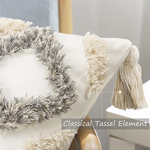 Merrycolor White Grey Boho Pillow Covers 18x18 with Tassels Tufted Decorative Gray Throw Pillows Neutral Modern Accent Pillowcase Farmhouse Square Cushion Covers for Couch Sofa Bedroom Living Room - color: Grey and White 1, size: 18" x 18" (Pack of 1)