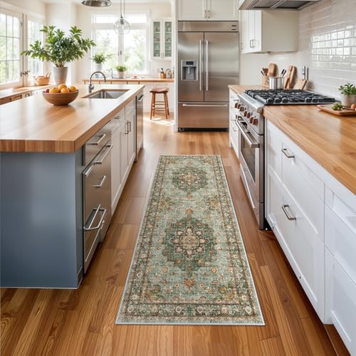 Washable Oriental Hallway Runner Rug - 2x6 Rugs for Living Room Soft Carpet for Bedroom Kitchen Waterproof Floral Distressed Indoor Stain Resistant Non-Shedding Floor Carpets (Green, 2X6) - color: Green, size: 2' x 6' (Rectangular)