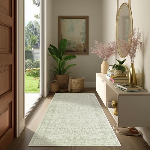 Sage Green 2x6 Runner Rug for Hallway Bathroom Washable Non Slip Vintage Boho Floral Long Runners Rugs for Entryway Indoor Bath Floor Kitchen Light Green Low Pile 2x6 Laundry Room Rug Runner - color: Sage Green, size: 2' x 6' (Rectangular)