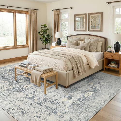 Area Rug 6x9 for Living Room - Machine Washable Rugs for Bedroom Home Office - Vintage Stain Resistant Non Slip Low Pile Carpet for Dinning Room Farmhouse Kis Room,Blue - color: Vintage Blue, size: 6' x 9' (Rectangular)