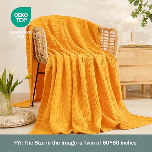 EMME Cotton Throw Blanket for Couch Mustard Yellow Soft Muslin Blankets 50"x60" Lightweight Breathable - color: 15 - Mustard Yellow, size: Throw (50" x 60")