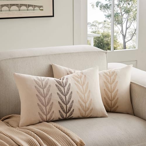 100% Cotton Farmhouse Leaves Lumbar Throw Pillow Covers Set of 2, 12x20 Inch Mixed Beige Pastoral Decorative Print Cushion Covers for Sofa Bed Living Room Home Decor - color: Mixed Beige, size: 20" x 12" (Pack of 2)