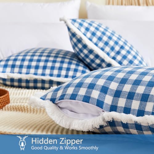 CARRIE HOME Modern Farmhouse Light Blue Gingham Lumbar Pillow Covers 12x20 Set of 2, 12 x 20 Blue Buffalo Plaid Throw Pillows with Ruffle Fringe, Summer Outdoor Checkered Plaid Lumbar Pillows - color: Lumbar Blue & White (With Tassels), size: 20" x 12" (P