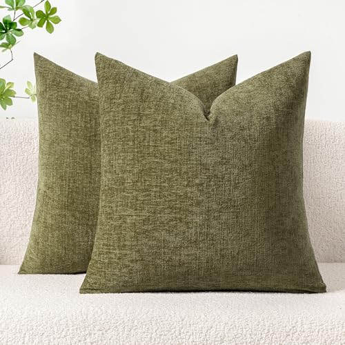 MIULEE Pack of 2 Couch Throw Pillow Covers 16x16 Inch Soft Olive Green Chenille Pillow Covers for Sofa Living Room Solid Dyed Pillow Cases - color: Olive Green, size: 16" x 16" (Pack of 2)