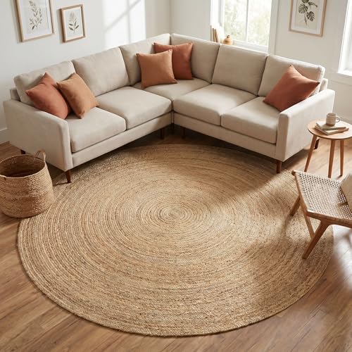 Jute Braided Area Rug, Natural - 8 Feet Round, Boho Neutral Indoor Circle Hand Woven Rugs for Living Room, Bedroom, Nursery, Dining Area | Farmhouse Large Rustic Patio Floor Mat for Coastal Décor - color: Natural, size: 8' (Round)